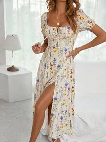 Breezaya Allover Floral Knot Split Thigh A-Line Milkmaid Dress Maxi Vacation Beach Outfits Women - Multicolor - View 3