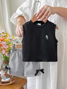 SHEIN Playful Pals 女嬰夏季杏色豹紋套裝 紋理無袖上衣 豹紋短褲 飾杏色蝴蝶結 日常出遊必備 - 黑色 - 查看 4