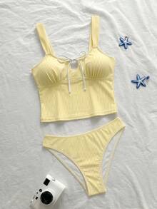 Swim Mod ملابس سباحة نسائية من قطعتين تانكيني بتصميم تانك توب بحمالات عريضة، مطبوعة بخطوط مع كشكشة وفيونكة على الصدر، مناسبة للشاطئ وحفلات المسبح والعطلات ومهرجانات الموسيقى، ربيع/صيف جديد - أصفر - مشاهدة 3