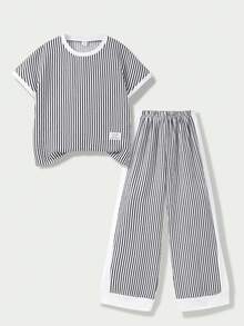 Casuvi Kids Casuvi 女童 2件組 泡泡條紋編織舒適面料休閒百搭條紋對比飾邊圓領蝙蝠袖T恤搭配直筒長褲套裝，適合春夏季日常穿著與度假 - 黑與白 - 查看 6