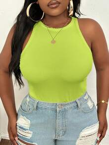 Slaydiva Plus Size Casual Basic Fitted White Crew Neck Off-Shoulder Tank Top-C - Olive Green - View 4