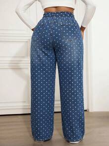SHEIN ICON 大尺碼女款圓點圖案牛仔長褲休閒寬鬆彈性腰帶 - 藍色 - 查看 2