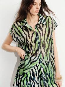 Aveloria Modichic Summer Fashion Versatile Light Green Color Block Tiger Zebra Print Chiffon Elegant Sexy Casual Dropped Shoulder Women's Blouse Club Night Out - Multicolor - View 1