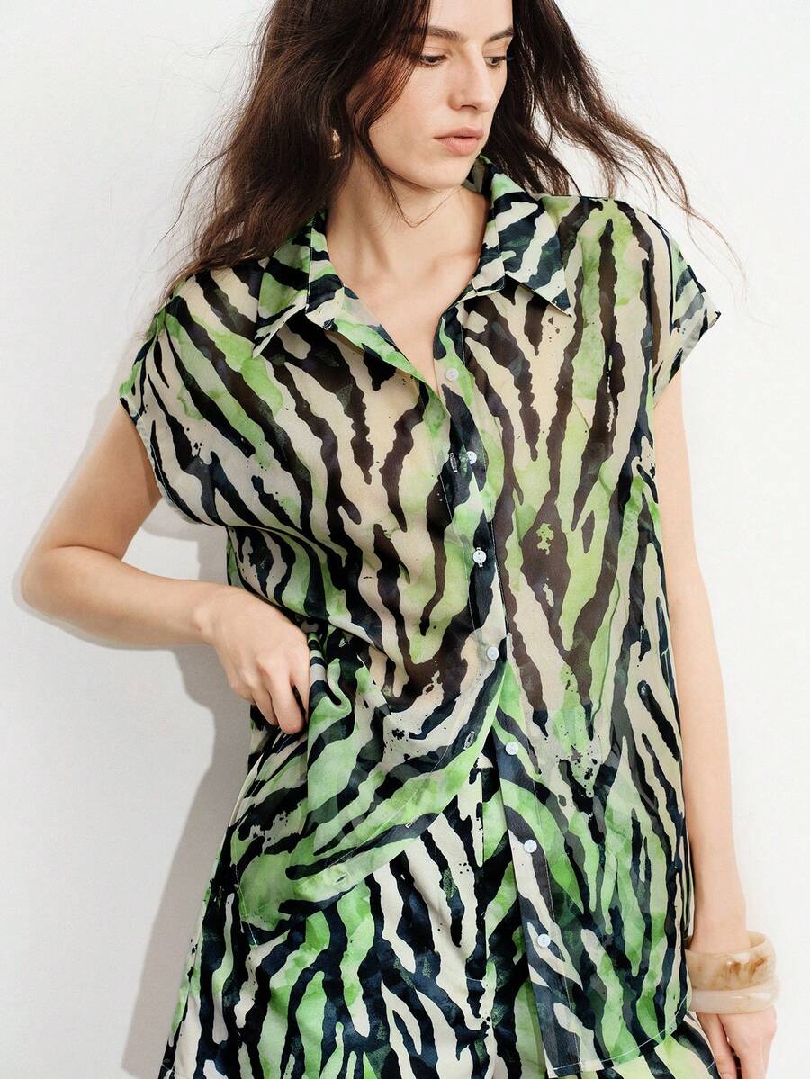 Aveloria Modichic Summer Fashion Versatile Light Green Color Block Tiger Zebra Print Chiffon Elegant Sexy Casual Dropped Shoulder Women's Blouse Club Night Out - Multicolor - View 1