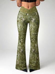 SHEIN ICON 夏季 Y2k 女款外出西式波希米亞風綠色度假腰果花紋喇叭褲 - 軍綠色 - 查看 4