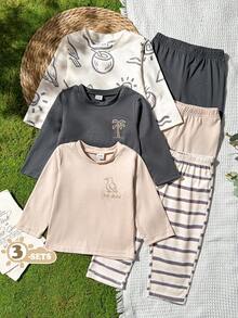 SHEIN Vintaside Kids 6件組男孩獅子卡通印花長袖套裝，活力風格，適合四季，休閒日常穿著，秋季 - 彩色 - 查看 2