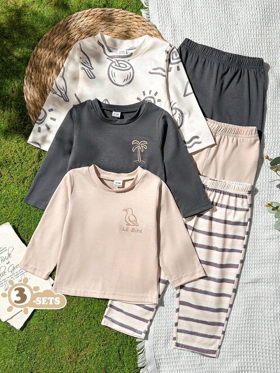 SHEIN Vintaside Kids 6件組男孩獅子卡通印花長袖套裝，活力風格，適合四季，休閒日常穿著，秋季