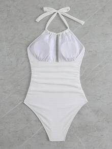 SHEIN Swim 女款純色百褶鏤空設計掛脖式連身泳衣，白色夏季性感熱帶海灘派對風 - 白色 - 查看 2