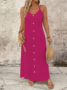 SHEIN LUNE Plus Size Solid Color Cami Vacation Casual Dress - Hot Pink - View 3
