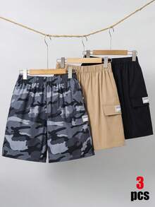 SHEIN 3件組青少年男孩寬鬆休閒迷彩、黑色、卡其色短褲，百搭運動休閒穿搭，適合春夏季，Y2K風格，通勤、上學、家庭聚會、外出、運動 - 彩色 - 查看 3