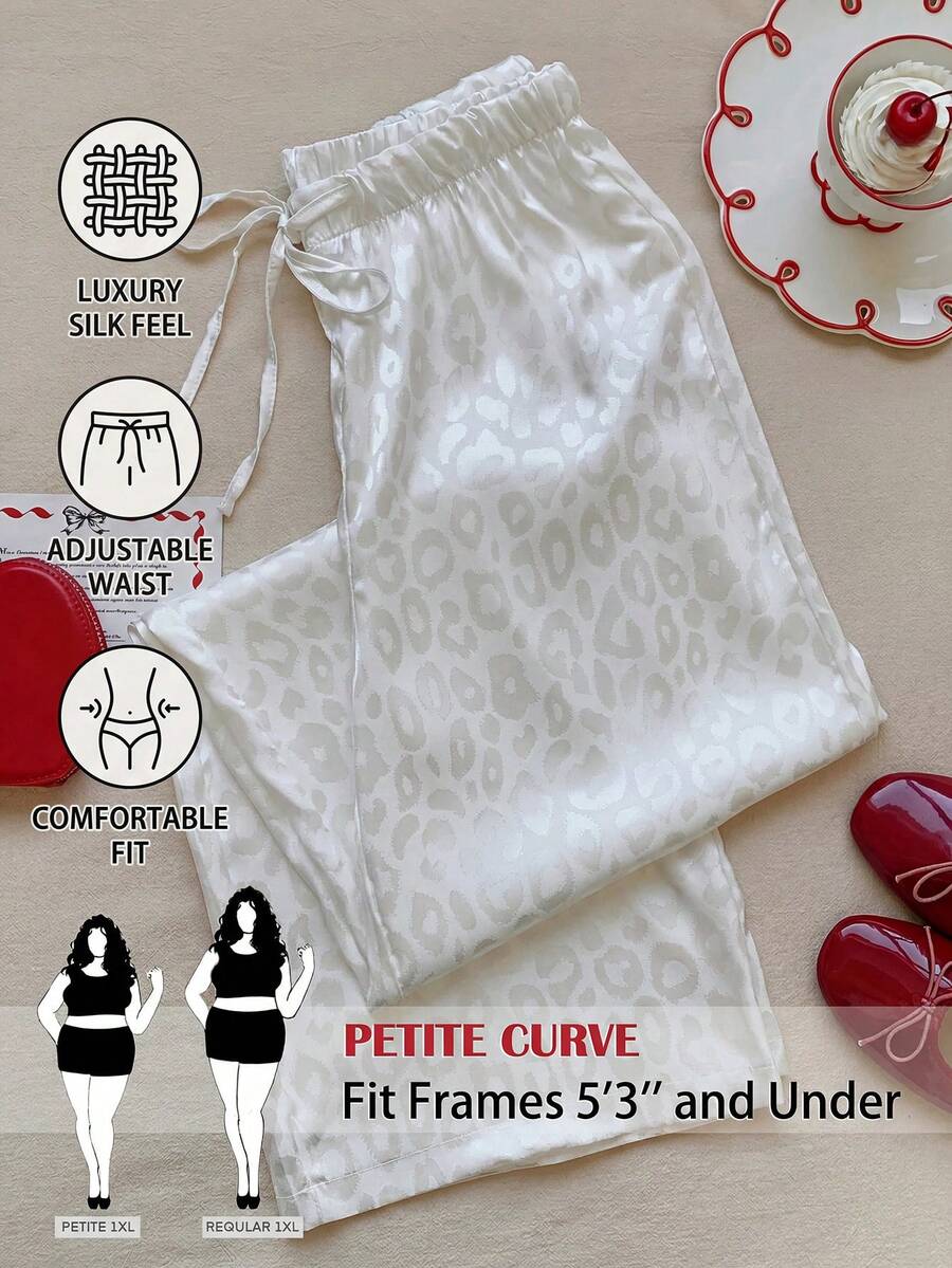 SHEIN PETITE CURVE 大码女式豹纹系带宽松裤 - 白色 - 查看 1