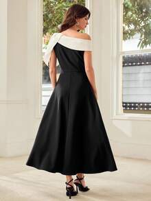 MOTF PREMIUM VESTIDO DE MODA PARA MUJER CON PATCHWORK, LAZO Y HOMBRO ASIMÉTRICO - Blanco y Negro - Ver 3