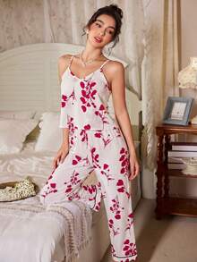 SHEIN 蝴蝶結印花V領吊帶上衣 & 長褲女款睡衣套裝 - 彩色 - 查看 4