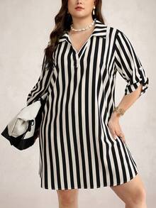 SHEIN LUNE Vestido a rayas casual para ir al trabajo de talla grande - Negro - Ver 5