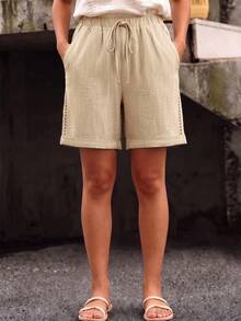 Linhara Plus Size Women's Casual High Waist Tie Side Seam Hollow Lace Slant Pocket Wide Leg Shorts - Apricot - View 5