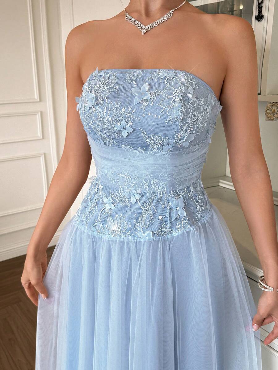 Poshira Women's Elegant Strapless Ball Gown With 3D Floral Decoration (Intricate Design) - Blue - View 1