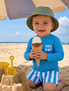 SHEIN Unisex Baby 2pcs/Set Green Striped Long Sleeve Swimsuit And Swim Trunks Set, Sun Protection Swimwear For Beach, Swimming, Vacation - Dusty Blue - View 7