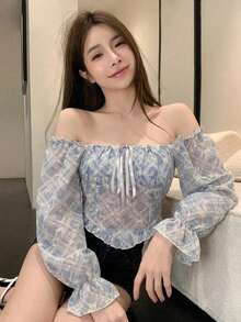 DAZY 夏秋藍色格紋婚禮宴會優雅蕾絲拼接抽繩綁帶露肩長袖女款襯衫 - 淺藍色 - 查看 1