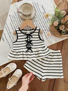 Baby Girl Knitted Striped Round Neck Tank Top And Shorts 2pcs Set - Black - View 2