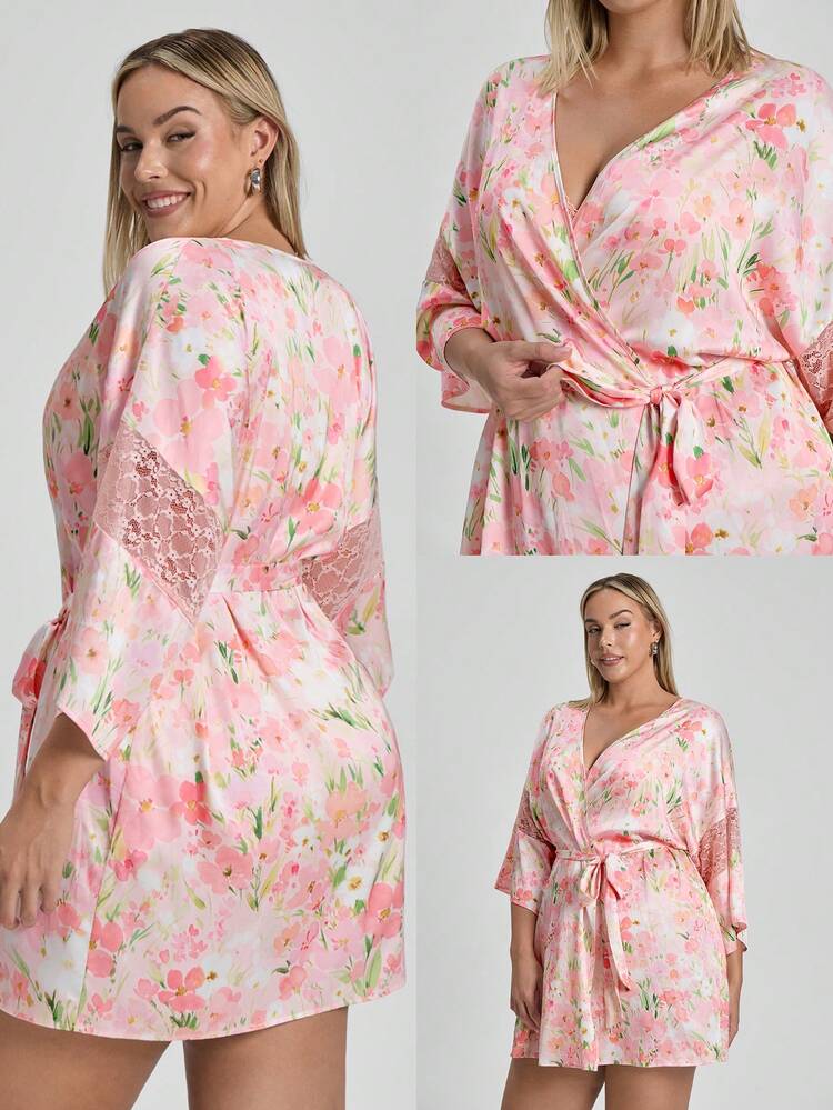 Plus Size Women's Summer Airy Floral Satin Robe