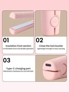 JMMO 1pc Rechargeable Straight Hair Curling Iron With Adjustable Temperature, Anti Scalding, Portable & Compact, For Daily Makeup, Travel, Indoor & Outdoor Use, All Seasons, Practical Hair Styling Tool, Built-In 800mAh Battery. - Pink - View 3