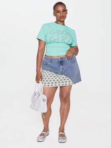 MUSERA Blue Studded Star Graphic Slogan Crew Neck Short Sleeve Fitted Tee T Shirt - Green - View 3