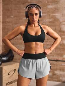 Powerista 黑色與淺灰色運動內衣與跑步短褲套裝，適合日常運動、健身、室內生活休閒運動風、跑步健身 - 黑色 - 查看 5