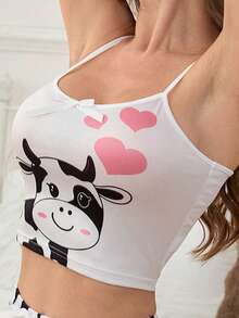 SHEIN Cow Heart Print Casual Top For Women, Summer Sleepwear - Multicolor - View 3