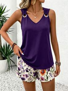 EMERY ROSE Setelan 2 Potong Wanita Tanpa Lengan Leher V Kasual Minimalis Bergaris - Purple - View 5