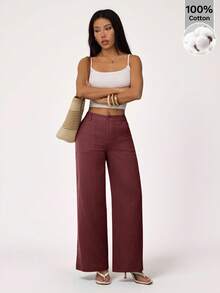 SHEIN PETITE 100% Washed Cotton Low Waist Straight Pants ,Petite Women - Brown - View 3
