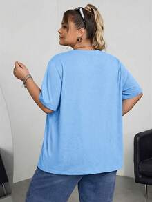 SHEIN CURVE+ 大尺碼女款素色休閒繫帶短袖T恤 - 藍色 - 查看 2