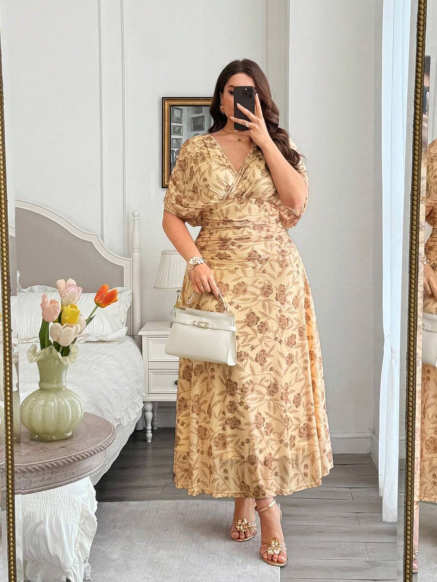 Modelyn Vestido de mujer de primavera/verano con estampado floral, amarillo pálido, de punto de malla, cuello en V, cintura ceñida, talla grande