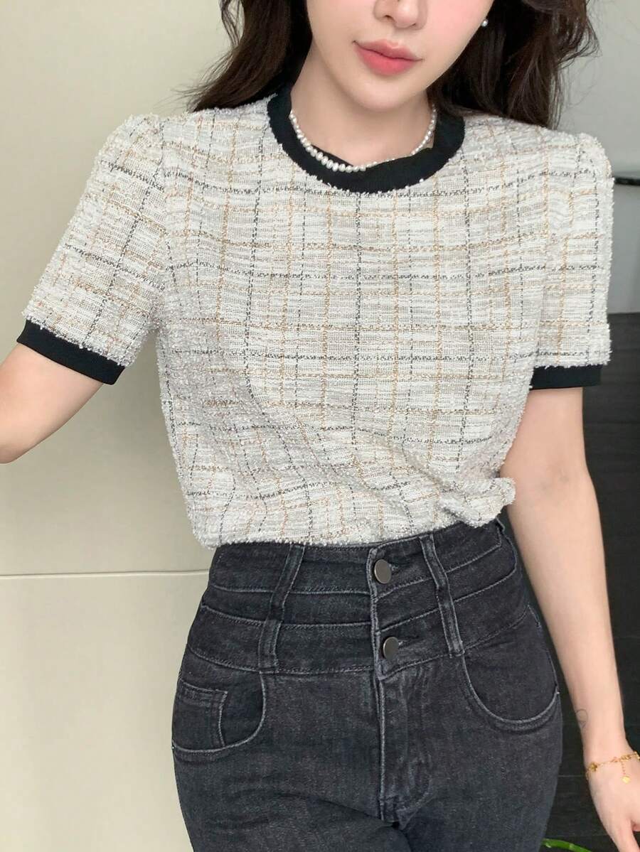 DAZY 女款夏秋圓領短袖修身白色格紋粗花呢布料黑色滾邊T恤 - 黃色 - 查看 1