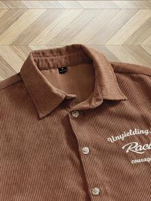SWAVVY Men's Letter Embroidered Short Sleeve Single Breasted Casual Shirt - Brown - View 2
