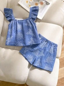 SHEIN Tween Girl Vacation Botanical Print Flutter Sleeve Top And Shorts Set - Blue - View 5