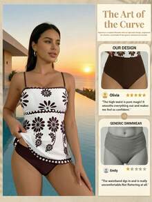 Swim Lushoire 2 pièces Ensemble de bikini à imprimé floral vert haute élasticité pour femmes, comprenant un Top bandeau à imprimé floral et un bas triangle de couleur unie. Ensemble de bikini élégant pour la plage au printemps/été - Multicolore - Voir 4