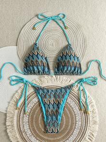Swim Vcay Women's 2-Piece Summer Beach Bikini Swimsuit Set, Special Textured Braided Rope Halter Triangle Top, Bell-Bottom Pants With Side Tie Straps - Blue - View 1