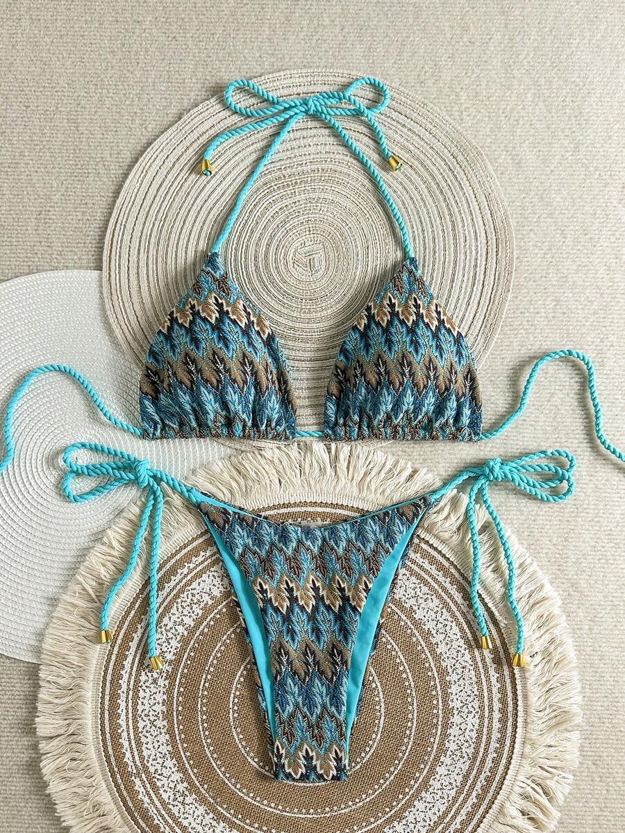 Swim Vcay Women's 2-Piece Summer Beach Bikini Swimsuit Set, Special Textured Braided Rope Halter Triangle Top, Bell-Bottom Pants With Side Tie Straps - Blue - View 1