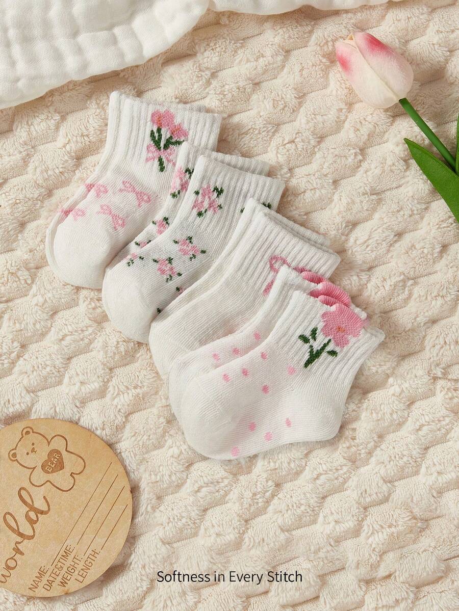 Cozy Pixies 4双装女童全棉船袜,秋冬季可爱卡通碎花图案,适合婴幼儿穿着 - 彩色 - 查看 1