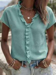 EMERY ROSE Blusa casual de mujer con volantes en el bajo, unicolor, para verano - Verde - Ver 6