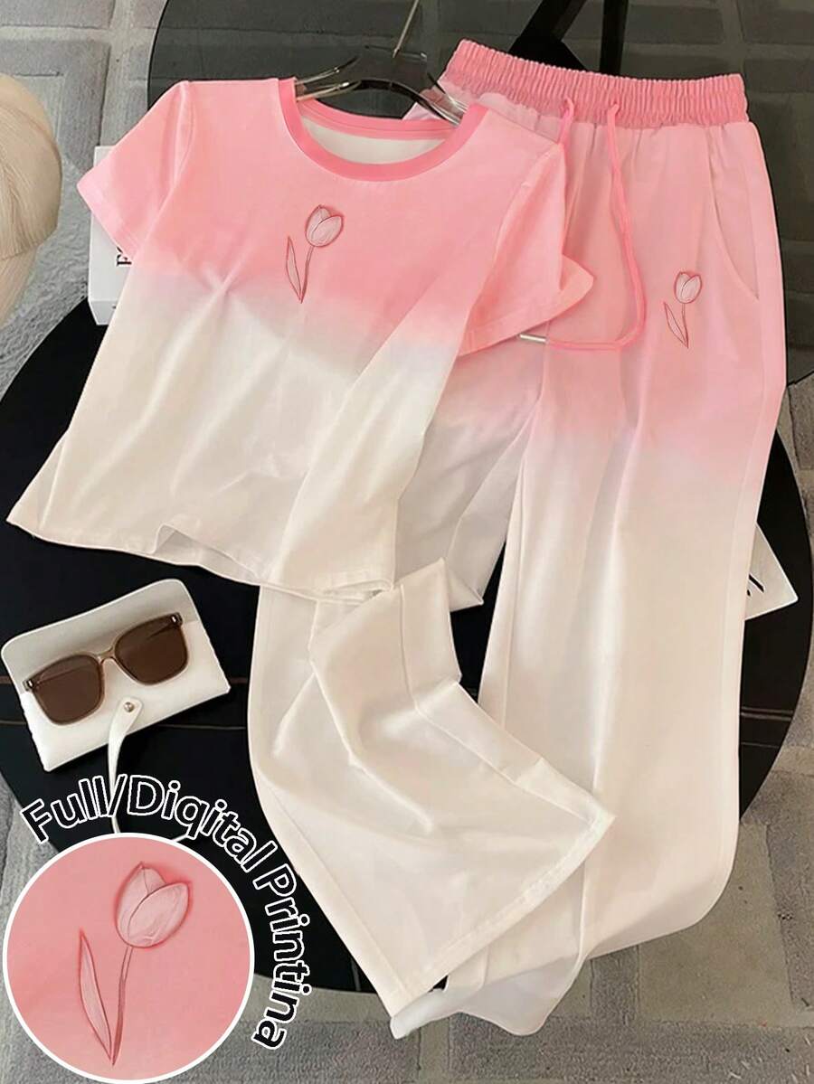 Resyla Regular Fit Crew Neck Short Sleeve T-Shirt + Straight Leg Pants With Slant Pockets - Pink - View 1