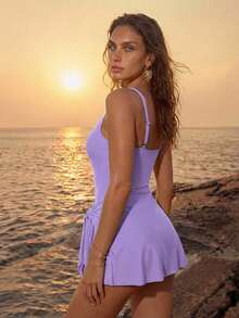 Swim Chiccia Women's Solid Color Side Knot One-Piece Swimsuit For Vacation - Mauve Purple - View 4