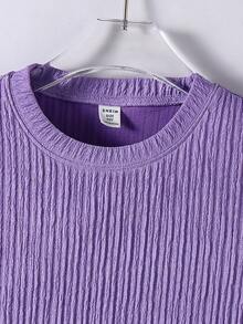SHEIN Casuvi Kids 女童休閒時尚日常圓領短袖短版黑色T恤搭配3D蝴蝶結裝飾直筒寬鬆長褲夏季套裝 - 紫色 - 查看 5