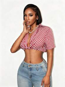 Mistrie Summer Cotton-Feel Red And White Plaid Short Shirt, Women's Deep V Twist-Front Short-Sleeved Shirt Y2K Sexy Street Vacation - Multicolor - View 3