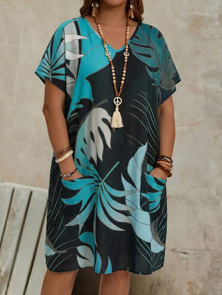 Plus Size Women's Double Pocket Fashionable V-Neck Loose Summer Printed Country Dress