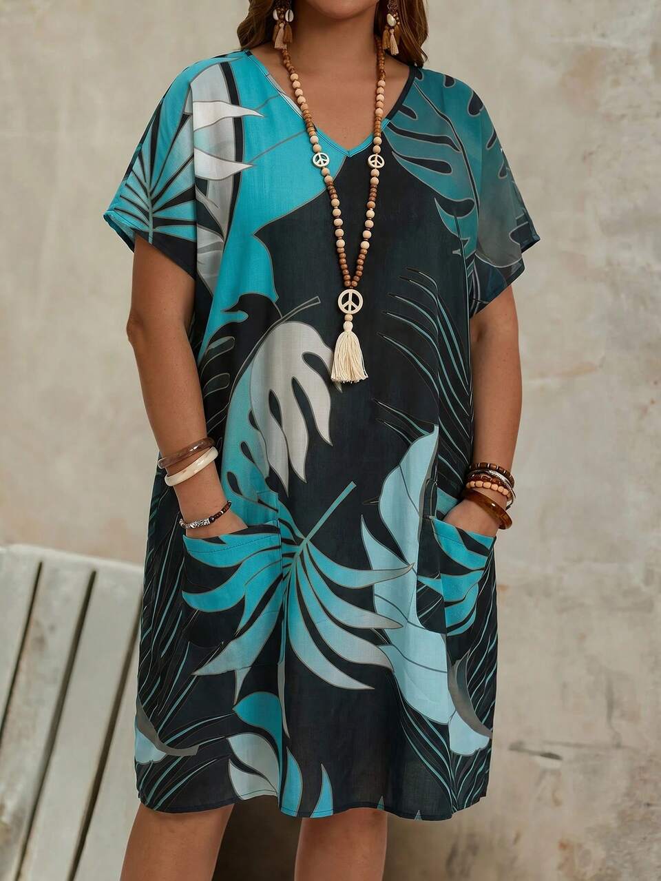 Plus Size Women's Double Pocket Fashionable V-Neck Loose Summer Printed Country Dress Summer Dress Spring Clothing Country Style For Women