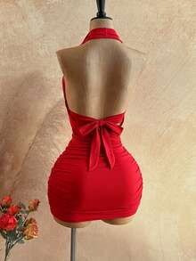 Soleia Women's Cowl Neck Backless Halter Mini Dress,No Breast Pads - Red - View 2
