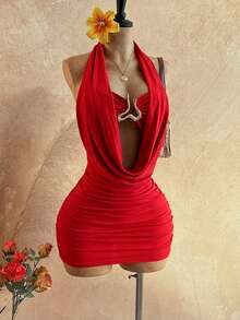 Soleia Women's Cowl Neck Backless Halter Mini Dress,No Breast Pads - Red - View 5