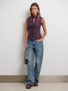 Nöista Plaid Mandarin Collar Top With Keyhole Neckline For Going Out And Vacation Styling. - Purple - View 3