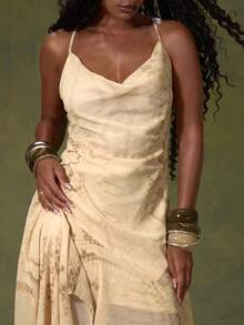 MUSERA Cream Mesh Cowl Hanky Hem Asymmetric Drape Midi Dress - Multicolor - View 6